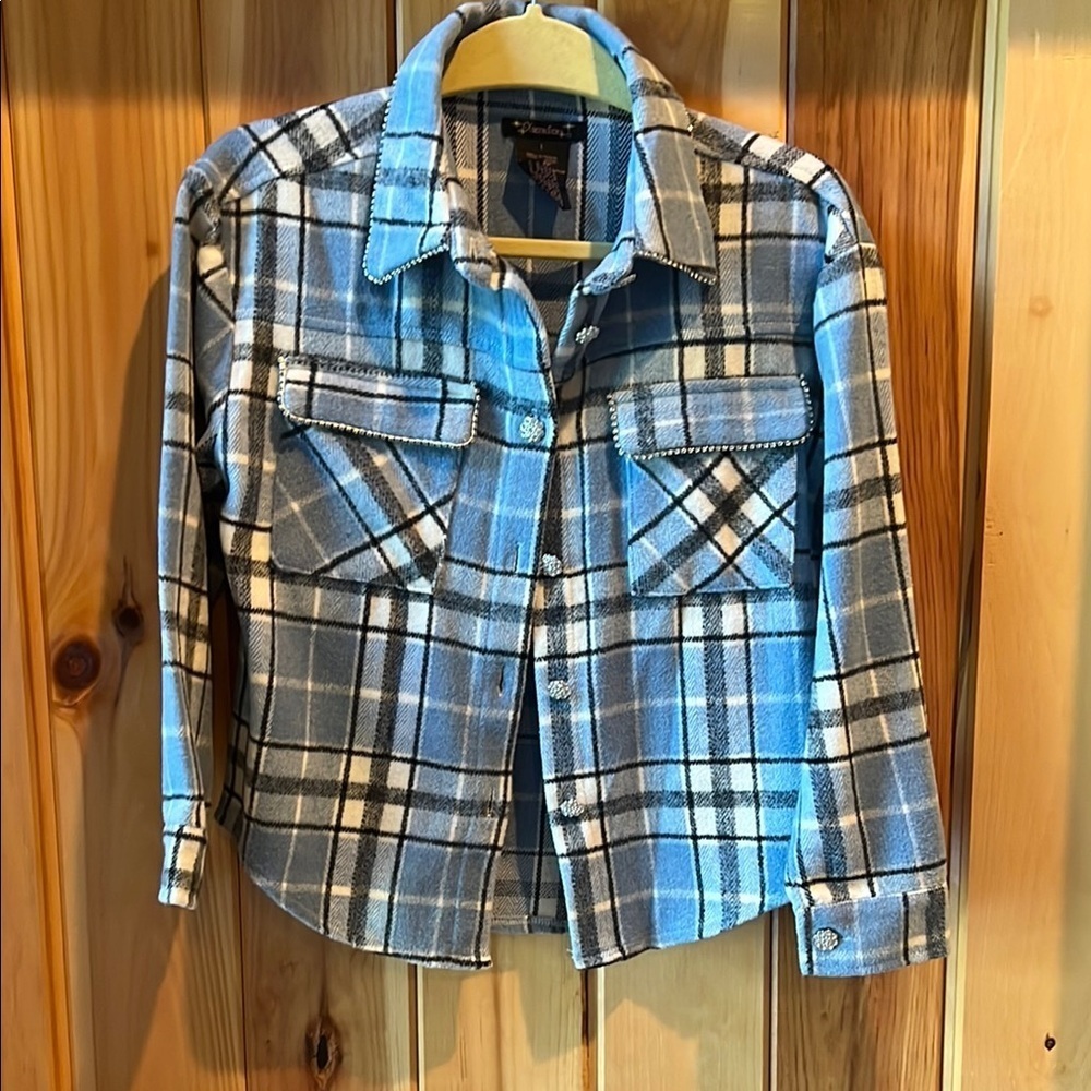 Shacket Blue and Black Plaid Shirt with jeweled buttons - Picture 1 of 7